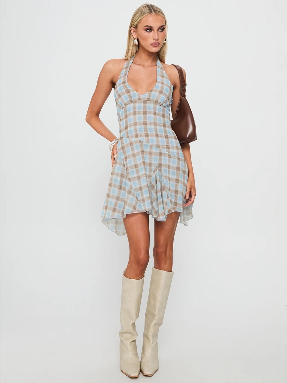 Princess Polly blue check valorie halter mini dress